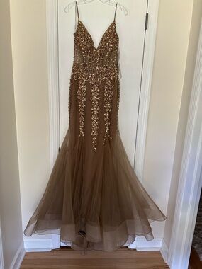 Jovani Brown Tulle Mermaid Gown with Gold Embellishment